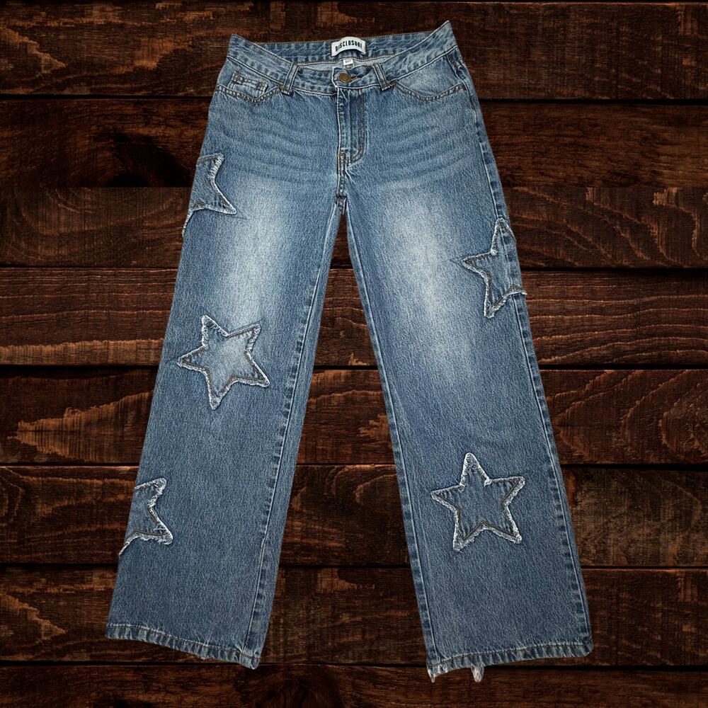 Disclosure Y2K Wide Leg Distressed Star Patch Denim Jeans Medium Wash 27 - Picture 2 of 10